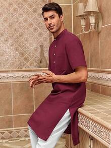 Mens Kurta Cotton Linen Henley Shirts Kaftan Short Sleeve Lounge Plain Gown Shirt-20256688 - 酒紅色 - 查看 2