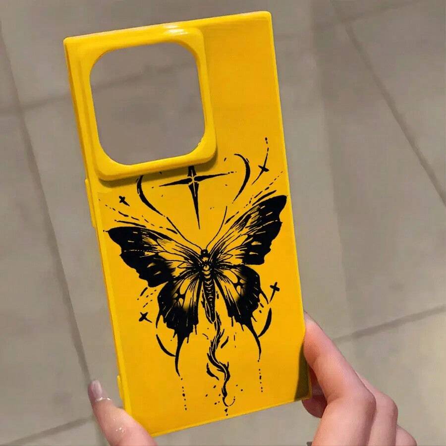 Teléfono con diseño de mariposas y bloques negros, compatible con los modelos 16 Pro, 16, 15 Pro, 14, 14 Plus, 13, 13 Pro, 12 Pro y 12 Pro Plus. Ofrece protección total contra golpes, una amplia abertura para la pantalla, un elegante marco brillante y una calidad de imagen mejorada. - Amarillo - Ver 1