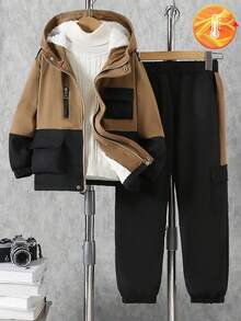 Tween Boys' Winter Hooded Cargo Style Thermal Lined Warm Jacket, Tween Boys' Khaki Patchwork Black Windproof Casual Jacket, Tween Boys' Arctic Thermal Lined Cargo Style Pocket Zip-Up Padded Coat, Tween Boys' Autumn/Winter Street Casual Warm Outfit - Brown - View 1