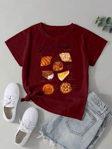 Camiseta casual con estampado , panes ' Croissant & Cake ', para mujer manga corta cuello redondo, playera de poliéster, blusas gráficas para mujer - vino - Ver 1