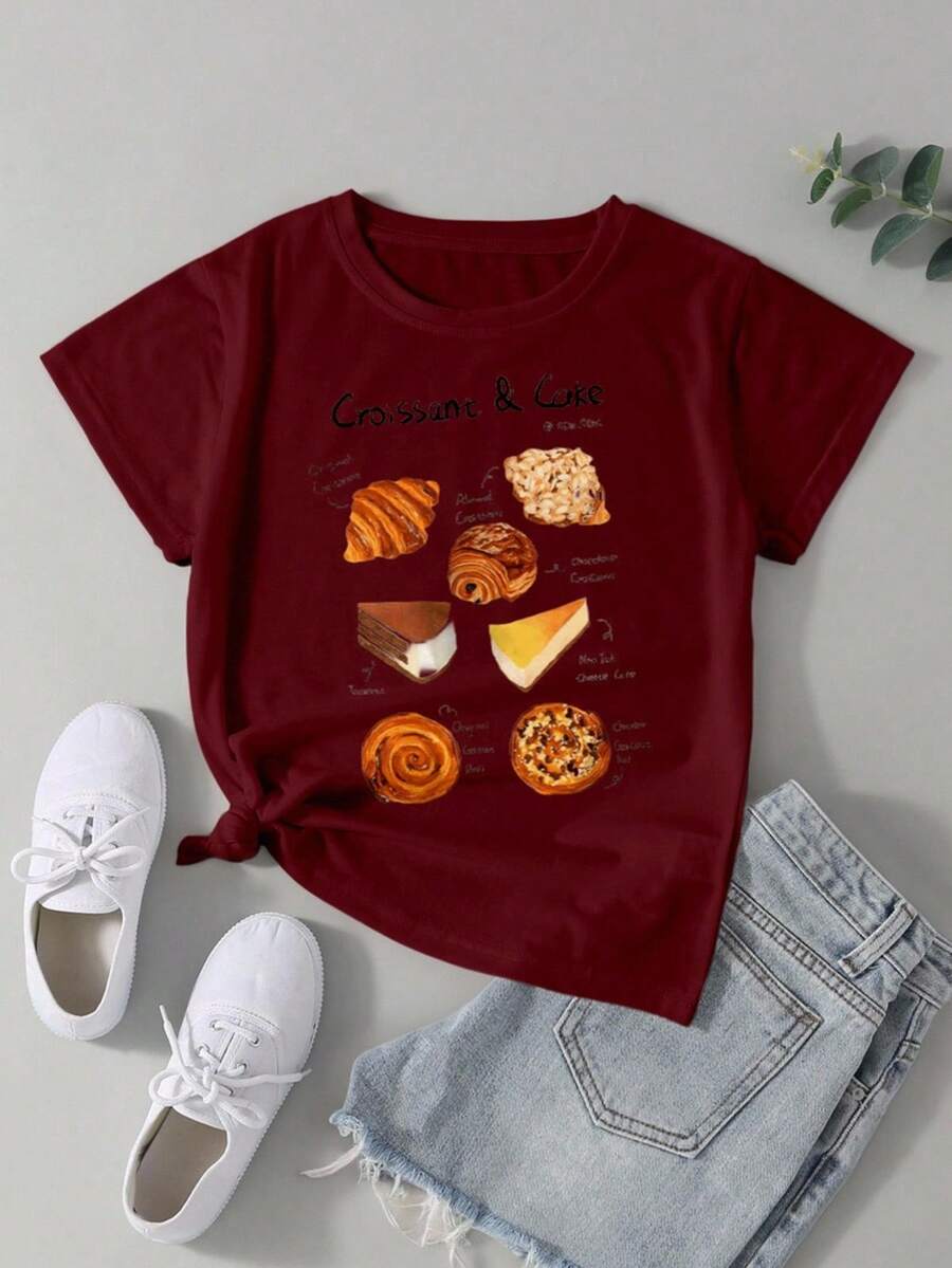 Camiseta casual con estampado , panes ' Croissant & Cake ', para mujer manga corta cuello redondo, playera de poliéster, blusas gráficas para mujer - vino - Ver 1