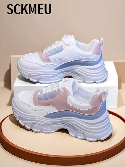 SCKMEU. 1對運動風格透氣時尚休閒女白鞋，輕盈舒適，適合學生和個子較矮的女生穿著外出，厚底運動鞋