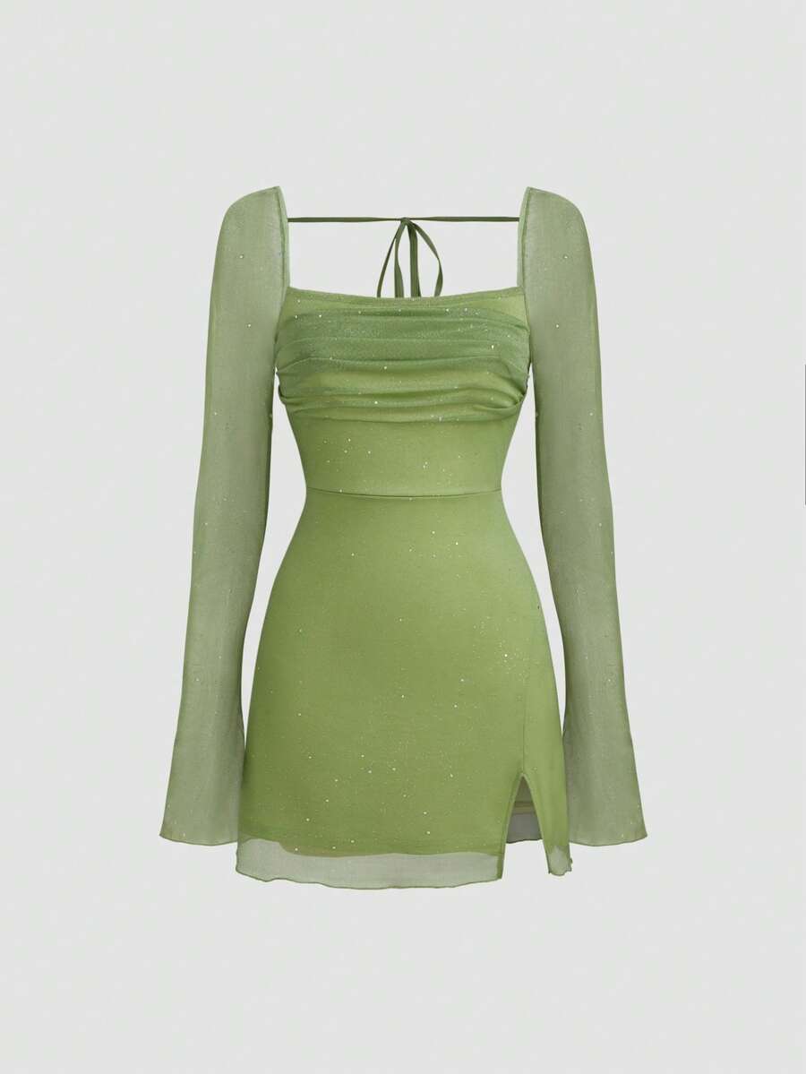 Robe mini à col carré, unie et pailletée, avec nœud