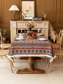 1 件波西米亚红色几何提花桌布，米色蕾丝花边装饰，适用于农舍厨房、餐厅、咖啡桌、床头柜、橱柜罩，适合晚餐、派对、生日、节日活动、所有季节、秋季 - 彩色 - 查看 8