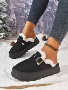 1 Pair Solid Color Casual Fabric Strap Platform Shoes, Suitable For Home Wear In Autumn/Winter,Fur Shoes,Mule Shoes - Black - View 3