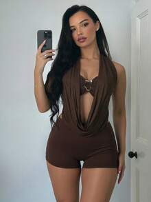 Women Elegant Halter Neck Tube Top Jumpsuit Lace Up Backless Club Party One Piece Outfit - 棕色 - 查看 4