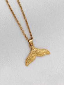 1pc Stainless Steel Patterned Mermaid Tail Pendant Necklace, Bohemian Style For Beach Vacation, Elegant & Fashionable Birthday Gift Jewelry - Fishtail - View 8