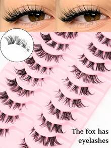 10 Paar Fuchsstil diagonal fliegende Kunstwimpern, simulieren Natur, vergrößern Ihre Augen, natürliches Kräuseln und deutliche Wurzeln, transparenter Wimpernansatz, können bei verschiedenen Anlässen verwendet werden, besonders geeignet für Anfänger