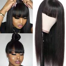 Straight Wigs Human Hair With Bangs 180% Density Brazilian Virgin Human Hair Wigs For Women Glueless Wigs Human Hair Machine Made None Lace Front Wigs Natural Color (8-36inch), 3S Put On & Go Affordable Human Hair Wig, Quick Install - Natural Black - Xem 7