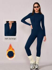 NcmRyu 1件装女士修身立领拉链塑形提拉健身运动跑步瑜伽连体裤 - 藏蓝色 - 查看 4