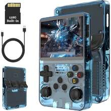 Consola de juegos portátil retro R36S, pantalla IPS de 3,5 pulgadas, 128 GB integrados, de código abierto, compatible con múltiples emuladores. - Azul claro transparente - Ver 1