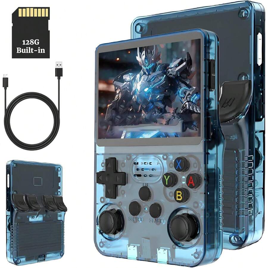 Consola de juegos portátil retro R36S, pantalla IPS de 3,5 pulgadas, 128 GB integrados, de código abierto, compatible con múltiples emuladores. - Azul claro transparente - Ver 1