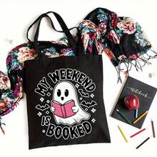 Halloween Book Lover's Tote Bag - Funny Reading Book Print My Weekend Is Booked - Spooky Open Top Shoulder Bag Women & Men - Washable Beige/Black Literary Design - Everyday, Weekend, Parties - Great Readers & Bibliophiles, Book Bag, Casual Carryall, Playful Graphic, Sturdy Construction, Bookish Accessory