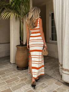 2025Two-Piece Set Women's Striped Print Crop Knit Top & Skirt, Elegant Breathable Fashion Casual Hollow Out Knit Top & Skirt For Daily Outdoor Wear, Women's Knitwear For Summer, Clothes, Cute Summer Outfit - Red - View 2