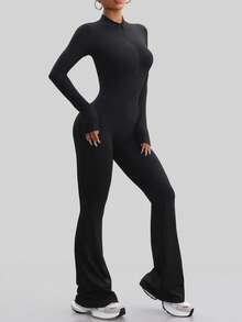Aaseow 女式连体裤长袖瑜伽修身弹力连体衣健身女式黑色基本款运动服紧身拉链 - 黑色 - 查看 4