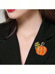 Glittering Crystal Pumpkin Brooch, Enameled Zinc Alloy Material, Suitable For Halloween And Casual Decoration - 橘色 - 查看 3
