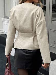 Women's Drop Shoulder Long Sleeve Metal Buckle Wrap Waist Woolen Coat - Apricot - View 7