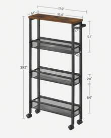 VASAGLE Slim Rolling Cart, 4-Tier Narrow Storage Cart With Handle, 5.1 Inches Deep, Metal Frame, For Kitchen, Dining Room, Living Room, Home Office - 鄉村棕色+經典黑 - 查看 2