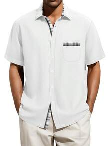 Men's Big And Tall Linen Shirts, Button Down Short Sleeve Summer Shirt Casual Cotton Beach Vacation Tops With Pockethalloween - 白色 - 查看 1