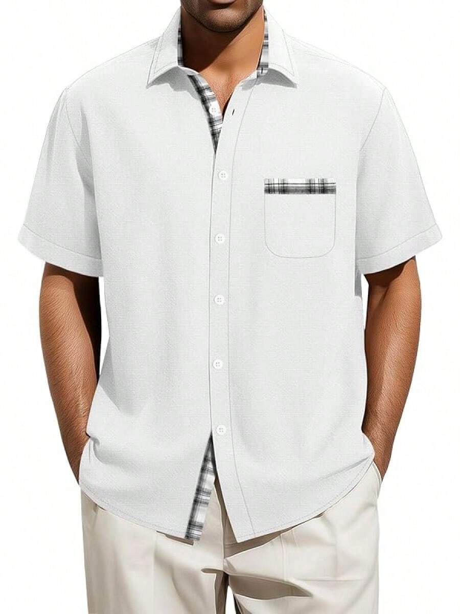 Men's Big And Tall Linen Shirts, Button Down Short Sleeve Summer Shirt Casual Cotton Beach Vacation Tops With Pockethalloween - 白色 - 查看 1
