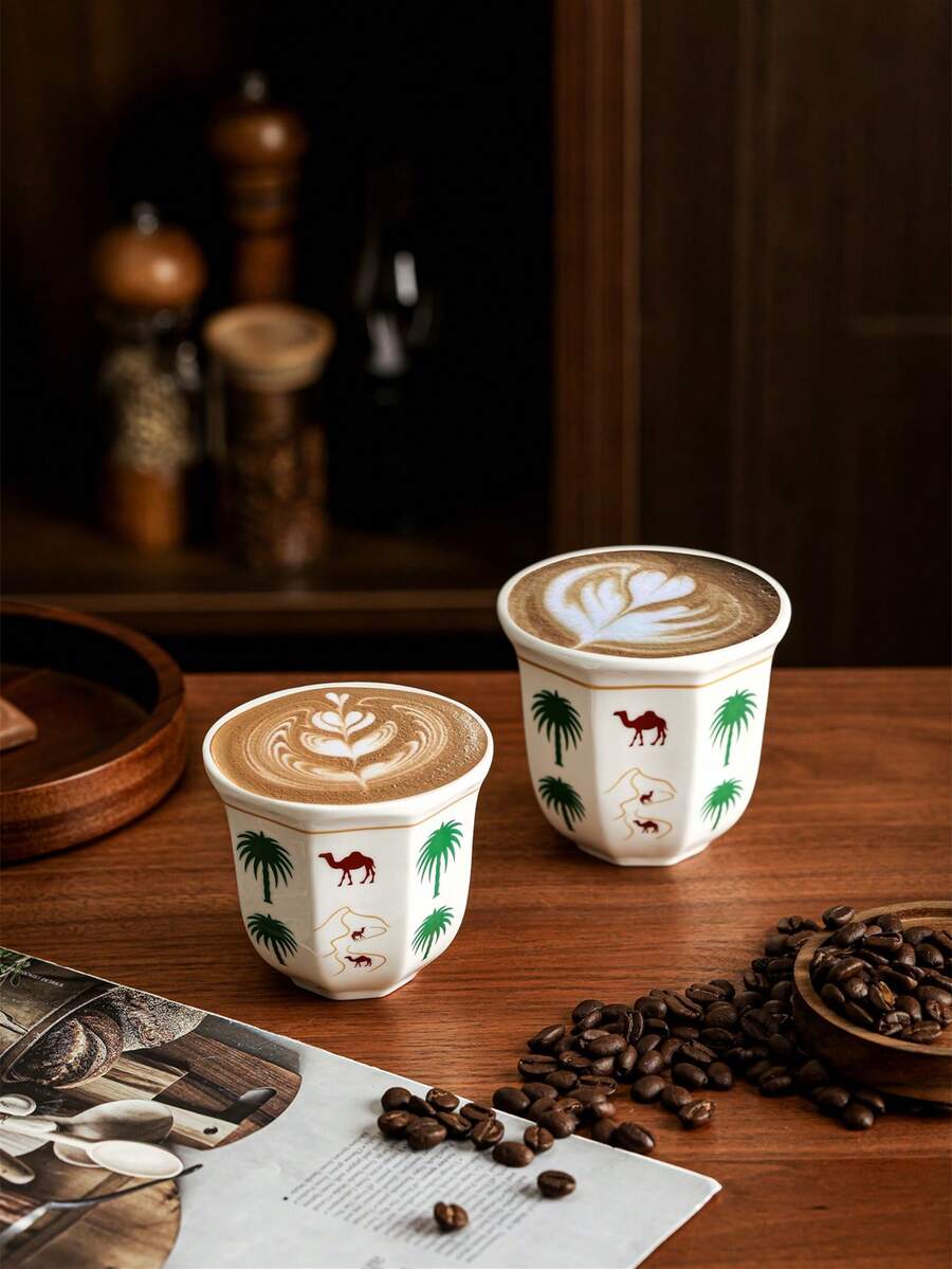 半套沙漠骆驼棕榈树陶瓷咖啡杯，180毫升/250毫升 - 可重复使用，浓缩咖啡杯，适合聚会和特殊场合，沙漠主题礼品，沙漠装饰 | 沙漠主题装饰，耐用陶瓷杯，沙特国庆日礼品，节日礼品，适合下午茶、办公室、聚会、餐厅、咖啡馆、露营和斋月礼品 - 手握杯 - 查看 1