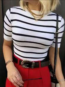 Women's Modal Knit Blouse With Short Sleeve Striped - 白色 - 查看 2