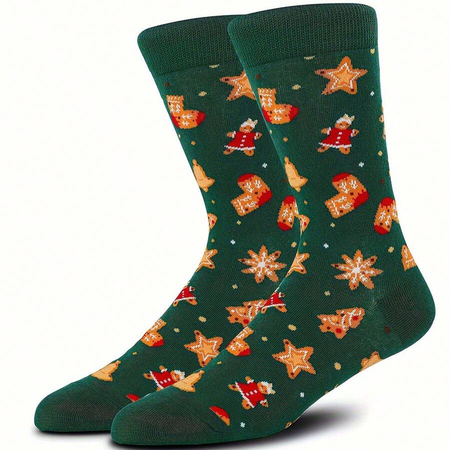 1 pereche unisex cadou de Crăciun cu fursecuri, Moș Crăciun, șosete cu model de pom de Crăciun, mărime europeană, elastice, calde, confortabile, durabile, toamnă/iarnă, cadou de Crăciun, toamnă