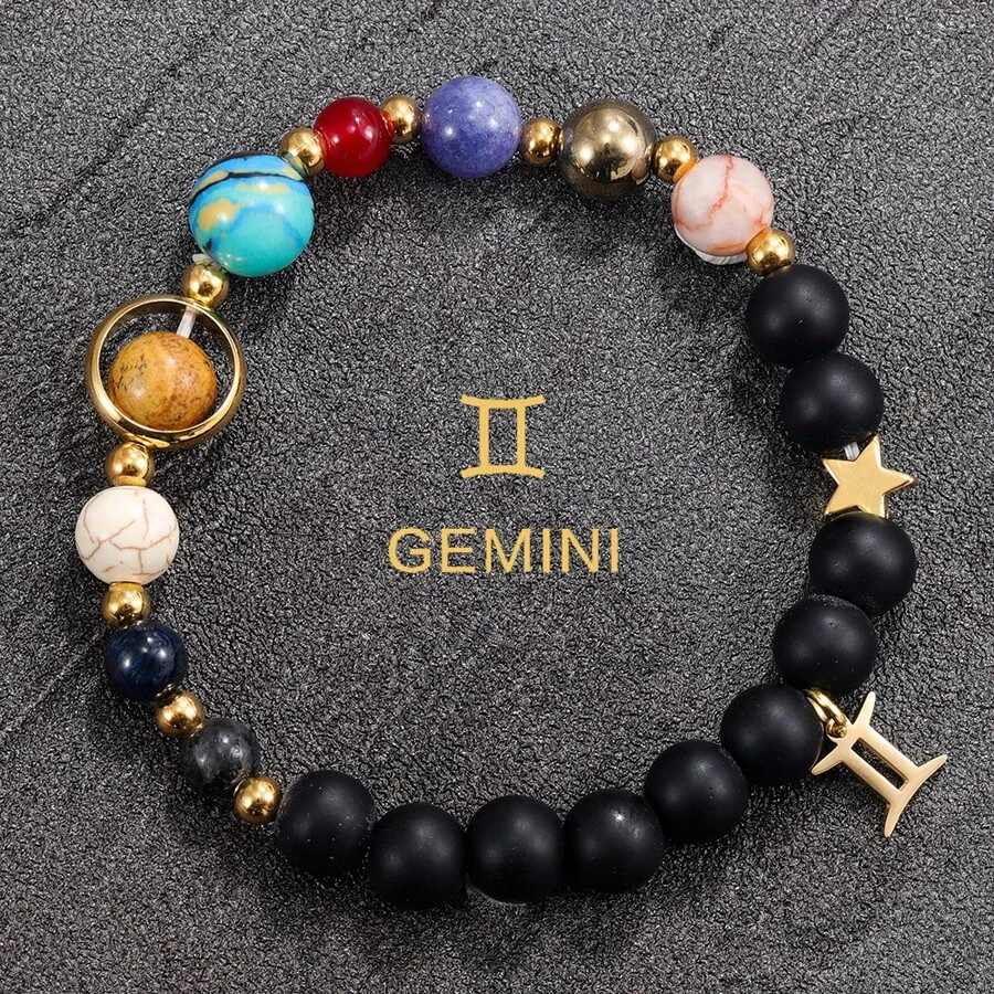 Cosmic Charm Bracelet - 12 Zodiac Signs & Solar System Planets With Natural Stone Beads, Alloy Astrology Pendant Jewelry For Women/Men - Song Tử - Xem 1