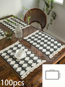 1 khăn trải bàn kiểu Mỹ, họa tiết kẻ caro đen trắng, thiết kế tua rua dệt tay, đa năng cho ăn uống, tiệc tùng, dã ngoại, đạo cụ chụp ảnh, trang trí không gian, phong cách châu Âu - Đen và trắng - Xem 15