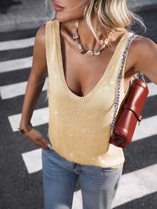 Women's Casual Cute Shiny Sparkly Round Neck Sleeveless Knitted Vest Tank Top Solid Color Streetwear Summer Vacation Outfit Clothes New Year