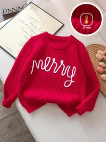 Girls' Cute Solid Color Letter Embroidery Knit Pullover Sweater, Suitable For Daily, Vacation, Spring, Autumn, Winter