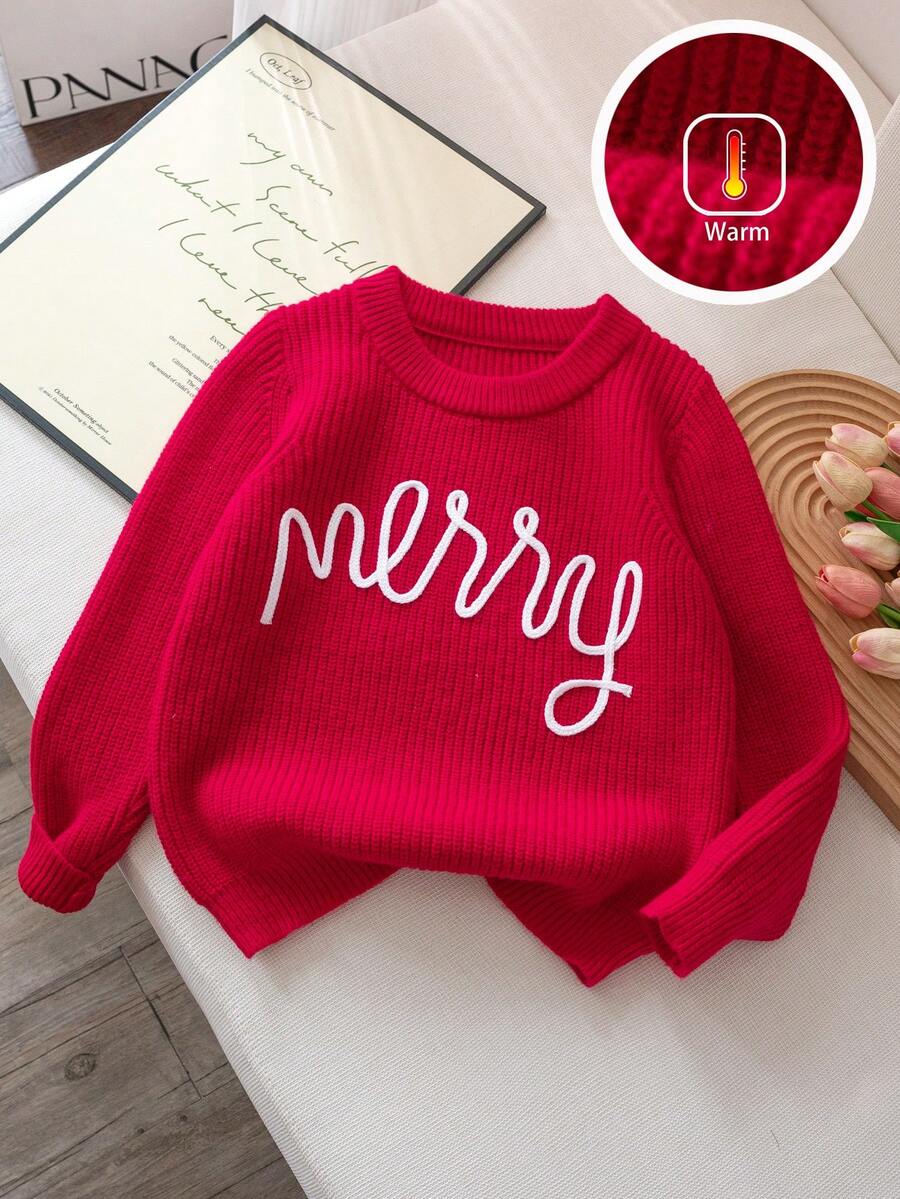 Girls' Cute Solid Color Letter Embroidery Knit Pullover Sweater, Suitable For Daily, Vacation, Spring, Autumn, Winter