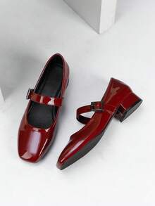 1 Par de Sapatos Boneca Marrom Vinho e Preto Clássicos de Couro Envernizado Femininos, Estilo Retrô Elegante Francês, Bico Quadrado Salto Grosso de 3cm, Elegante e Versátil para Trabalho e Transporte