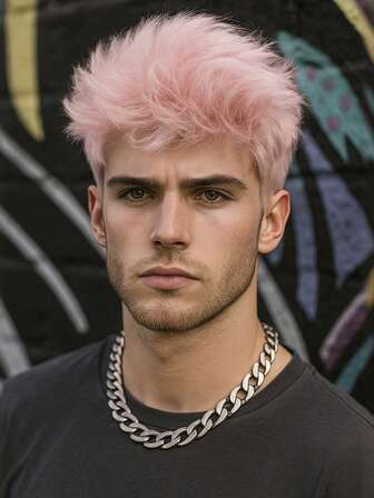 Men's Short Wig 6 Inches Pink Fashionable Personalized Fluffy Layered Men's Straight Hair Can Be Freely Adjusted Elastic Breathable Rose Net Cap Suitable For Halloween Party Wear