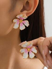2 件时尚简约金属花朵耳钉，优雅百搭耳环，适合女性度假佩戴 - 白粉紅色 - 查看 1