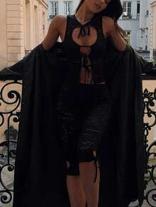 2pcs/Set Sexy Backless Halter Strap Sheer Party Wear, Summer - 黑色 - 查看 3