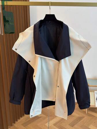 Chaqueta de mujer para otoño/invierno, diseño con capucha de solapa grande y estilo patchwork, cintura con cordón, capa exterior de alta calidad, elegante y versátil