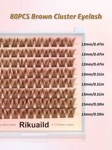 Rikuaild 80片装 D型卷翘蓬松棕色轻盈簇状假睫毛，浓密丰盈，自然棕色妆效，柔软舒适，适合在家DIY嫁接睫毛，睫毛簇，单根假睫毛 - D - 查看 3
