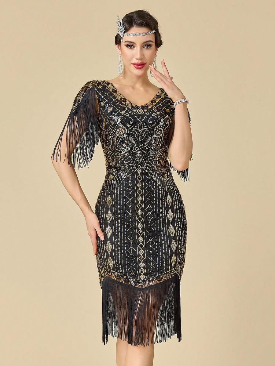 1920s Great Gatsby Dresses For Women, Vintage Long Fringe Dress Roaring 20s Sequins Beaded Dress - Gold - View 1