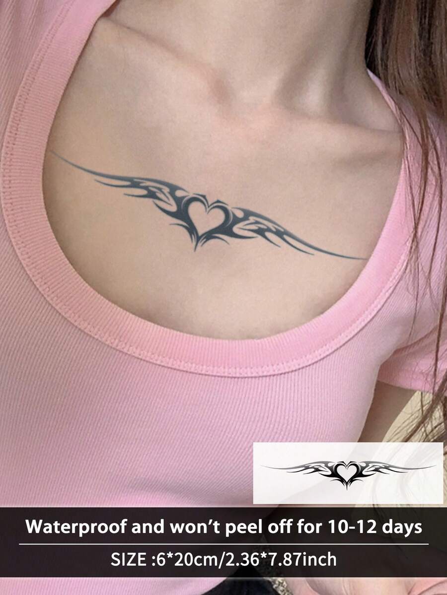 1pc Realistic Temporary Tattoo Sticker, Semi-Permanent Tattoo, Wing, Succubus, Heart Designs, Y2K Style, Waterproof Sweatproof, Lasts 1-2 Weeks, Realistic Herbal Juice Effect, Non-Reflective, Black, Unisex, Applicable To Arms, Chest, Legs, Abdomen, Waist, Fingers, Neck, Spine, Modern Body Art - Black - View 1