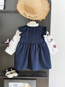 2 Pieces Girls Spring/Autumn Dress Set, Children's Fashionable Embroidered Shirt With Ruffled Vest & Long Sleeve Dress, Princess Style