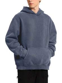 FAIABLE Mens Hoodies Oversized Unisex Wash Hoodie Heavyweight Fleece Vintage Cotton Sweatshirt Men Women Streetwear - 靛藍 - 查看 3