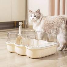 Large Semi-Open Cat Litter Box 41cm | Splash-Proof, Durable With Scoop - Khaki - View 3