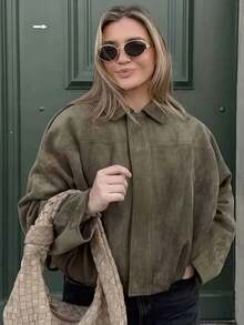 Camellia Casual Versatile Suede-Effect Bomber Jacket For Women, Spring/Autumn - Army Green - View 9