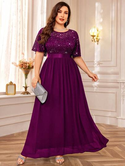 加亮片花卉蕾丝蝴蝶袖雪纺褶边晚会长裙，婚礼宾客礼服，适合生日、舞会、晚宴、节日