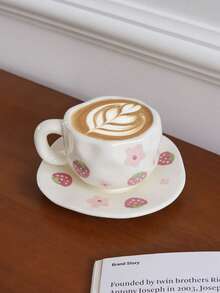 CMYD Studio 1 件 280 毫升原创北欧风格手工陶瓷咖啡杯碟套装，多色格子、心形、云朵、花卉图案，适合下午茶、牛奶、拿铁、甜点盘 - 很棒的礼物