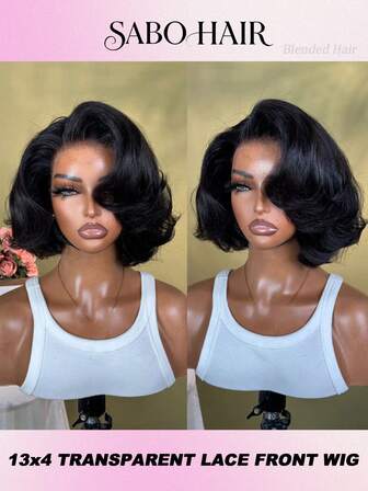 10-tums 13x4 Lace Front Eleganta Peruker Med Blandat Hår Naturligt Svart Peruk För Kvinnor 13x4 Frontal Lace HD Transparent Lace Peruk 200 % Densitet Med Fiber Lace Front Peruker Förplockade Med Babyhår 10-tums Bob Peruk För Kvinnor