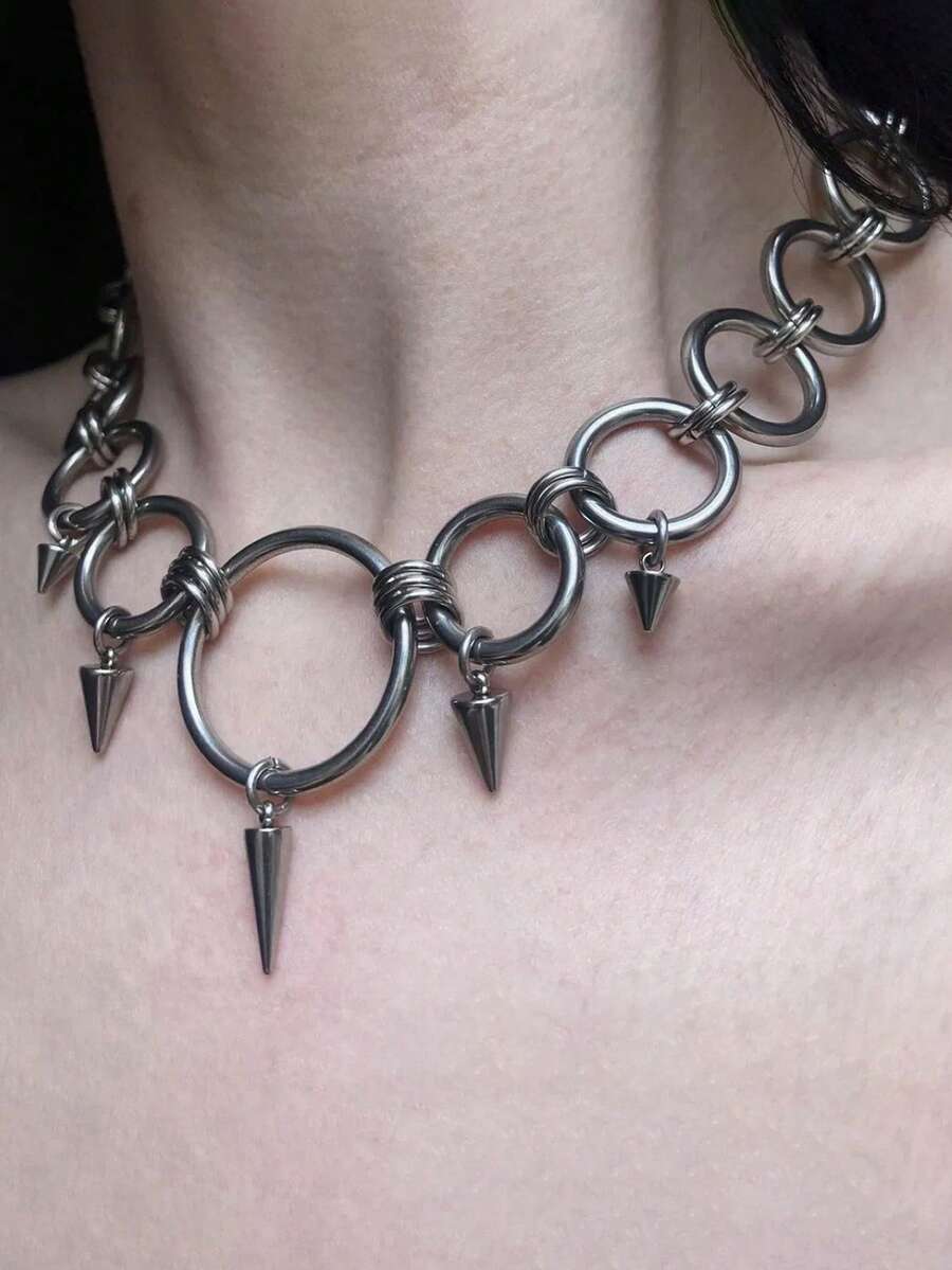 1pc Geometric Hoop Rivet Necklace, Fashionable Sweet Y2K Punk Stainless Steel Necklace Suitable For Men And Women, Daily, Party, Performance, Music Festival, 2025 Autumn/Winter New Jewelry Gift - 銀色 - 查看 1