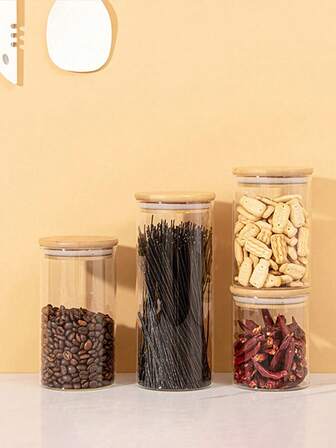 可堆叠厨房罐套装，透明玻璃食品储存罐容器，带密封竹盖，适用于糖果、饼干、大米、糖、面粉、意大利面、坚果、万圣节和圣诞节派对用品