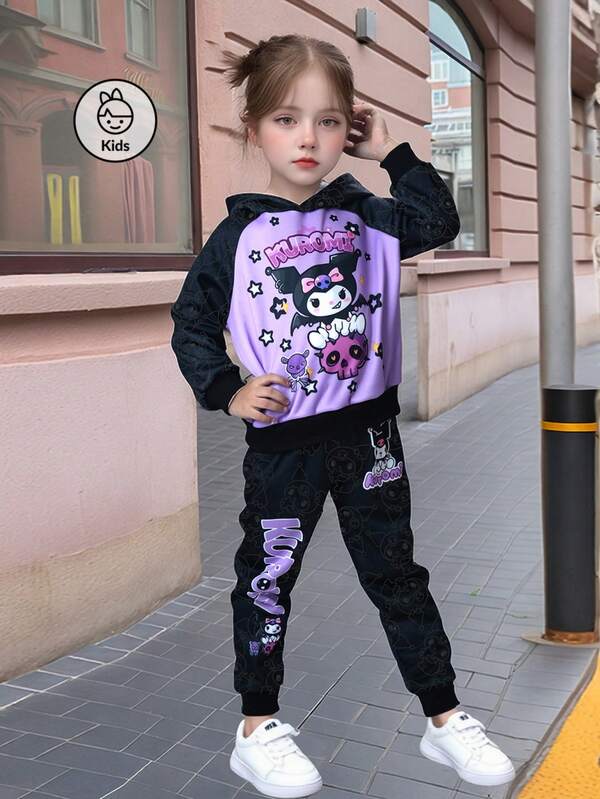Sanrio 2 件套少女 Kuromi 图案印花插肩袖连帽卫衣 + 慢跑裤套装，舒适时尚，适合秋冬